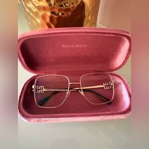Miu Miu Gold Square Metal Glasses with Pink Velvet Case